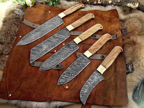 Custom Handmade Damascus Steel Chef Knife Set With Leather Roller Kit | Christmas Gift, Birthday Gift, Wedding Gift, Anniversary Gift, Valentine's Gift - Image 2