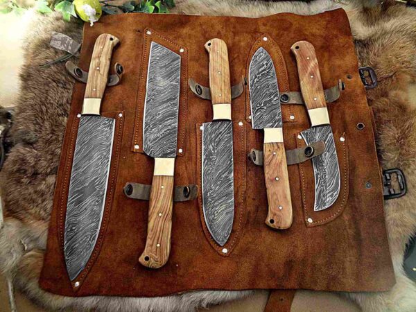 Custom Handmade Damascus Steel Chef Knife Set With Leather Roller Kit | Christmas Gift, Birthday Gift, Wedding Gift, Anniversary Gift, Valentine's Gift