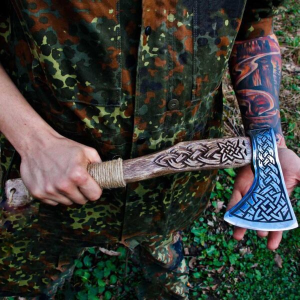 Celtic Wood Carving Handle Viking Axe | Battle Axe For Camping | Wedding Gift, Anniversary Gift, Best Gift For Him